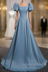 A-Line Blue Satin Short Sleeves Long Party Dress, Blue Short Sleeves Semi Formal Prom Dress